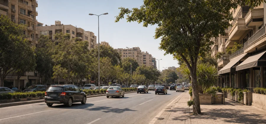 تصور بصري توضيحي لمشهد شارع رئيسي بطابع مدينة نصر