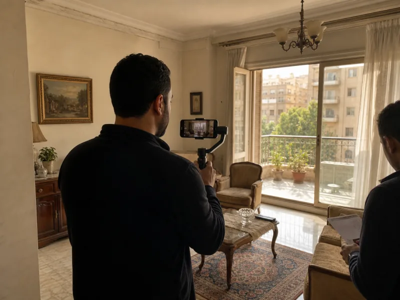 تصور توضيحي لفريق تسويق عقاري يصور وحدة بالجيمبال